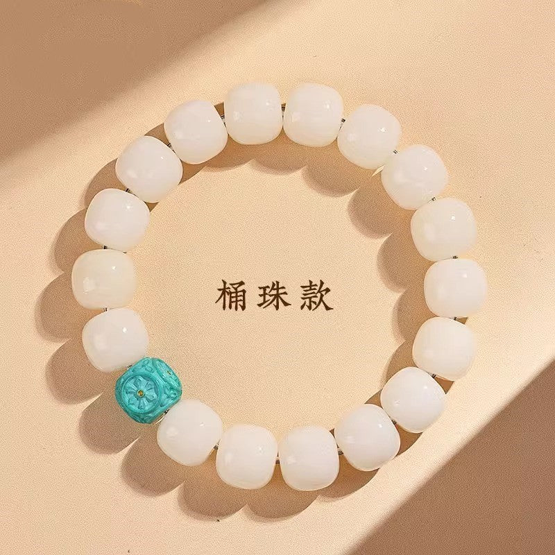 Natural White Jade Bodhi Bracelet for Women - Genuine Buddhist Prayer Beads with Spiral Pattern, Handheld Cultural Jewelry Bracelet