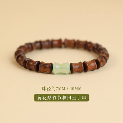 Step-by-Step Success Bracelet - Women's Green Sandalwood Bamboo Section Bracelet with Small Leaf Rosewood, Hetian Jade, and Sandalwood Beads