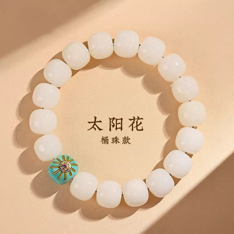 Natural White Jade Bodhi Bracelet for Women - Genuine Buddhist Prayer Beads with Spiral Pattern, Handheld Cultural Jewelry Bracelet