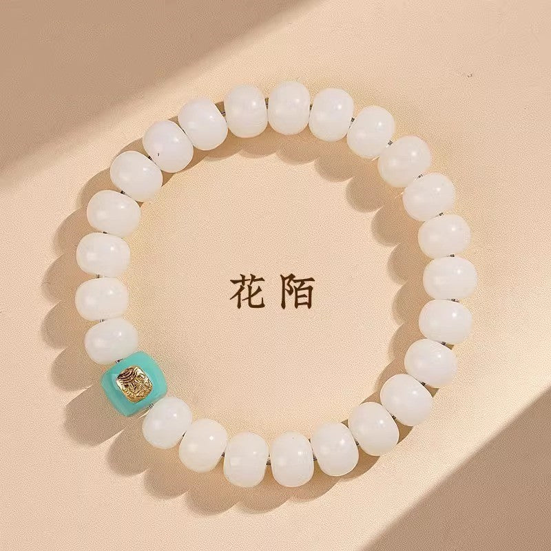 Natural White Jade Bodhi Bracelet for Women - Genuine Buddhist Prayer Beads with Spiral Pattern, Handheld Cultural Jewelry Bracelet