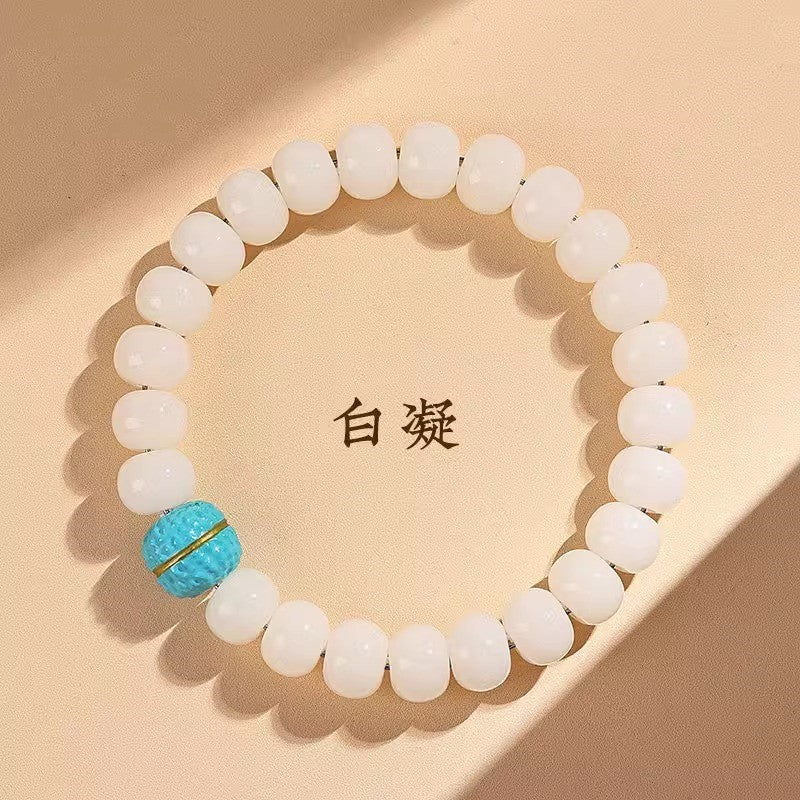 Natural White Jade Bodhi Bracelet for Women - Genuine Buddhist Prayer Beads with Spiral Pattern, Handheld Cultural Jewelry Bracelet