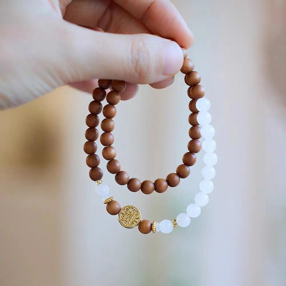 High-End Mammoth Ivory Tara Hetian Jade Bracelet for Women - Natural Aromatic Laoshan Sandalwood Prayer Beads and Cultural Jewelry