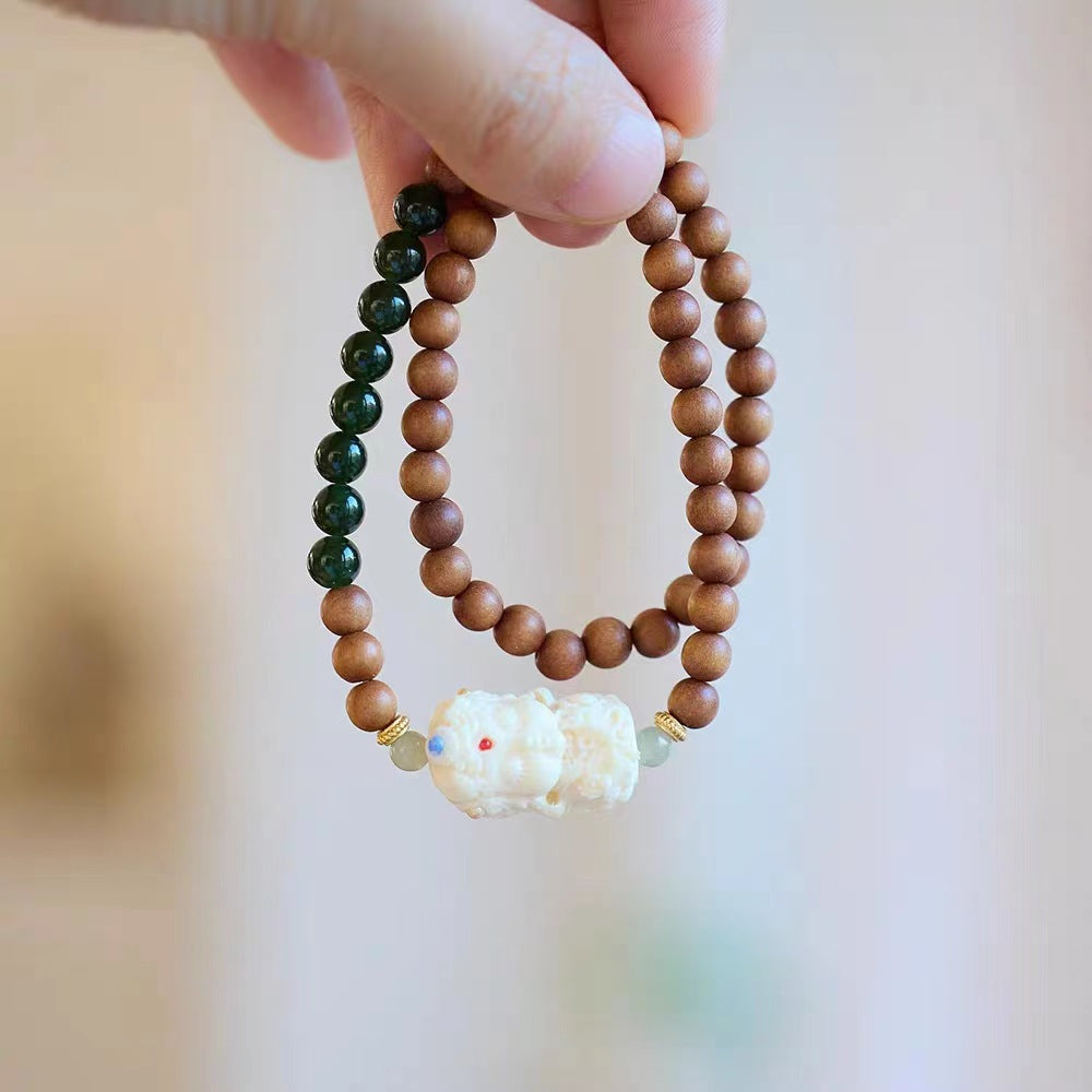 High-End Mammoth Ivory Tara Hetian Jade Bracelet for Women - Natural Aromatic Laoshan Sandalwood Prayer Beads and Cultural Jewelry