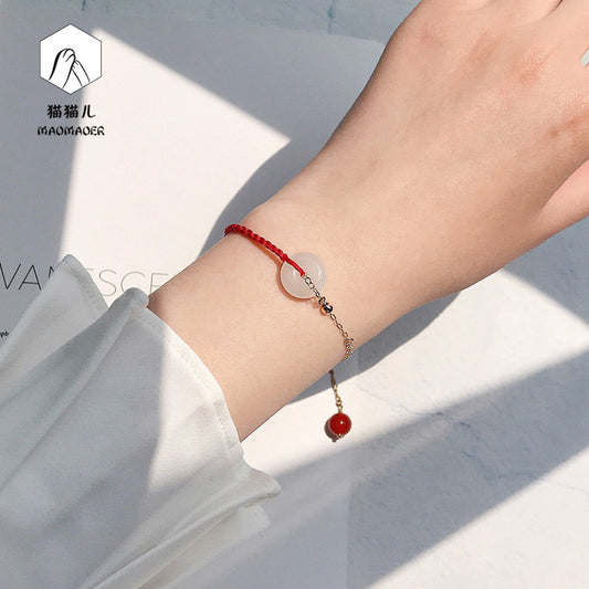 Hetian Jade Bracelet for Women with Peace Buckle, Birth Year Red String, 14K Gold-Plated Hand Jewelry