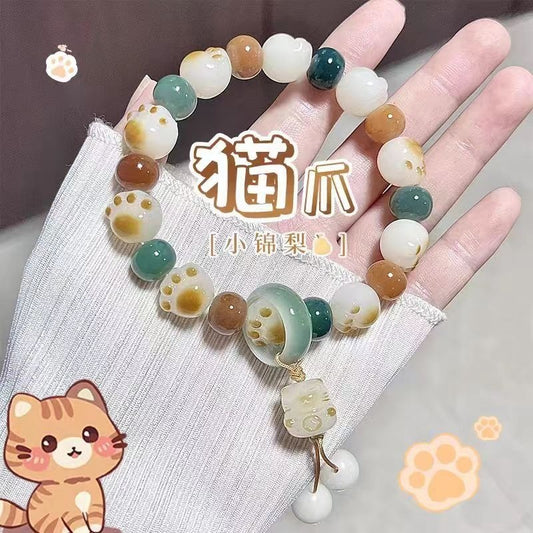 Genuine Mini Cat Paw Bracelet with Bodhi Root  Prayer Bracelet with Natural White Jade Bodhi Beads