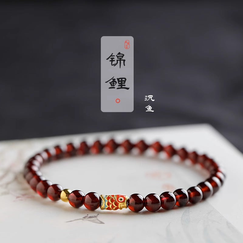 Natural Wine Red Garnet Bracelet for Women, Light Luxury Niche Exquisite S925 Silver Koi Fish Feng Shui Bead Bracelet