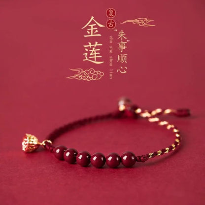 Good Luck Lotus Red Cinnabar Bead Bracelet with Braided Cord