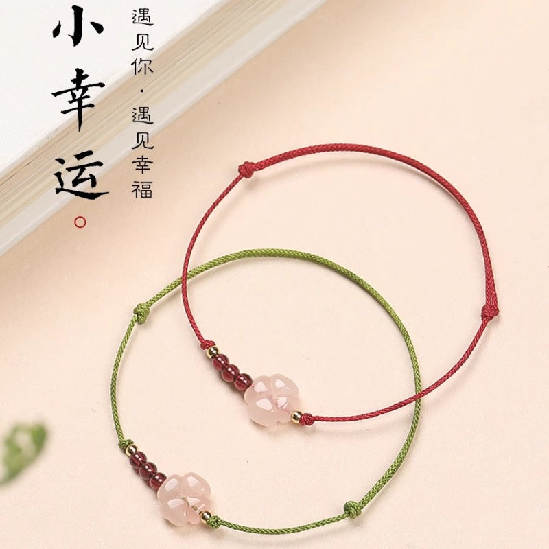 Pink Quartz Four-Leaf Clover Bracelet for Women with Red String