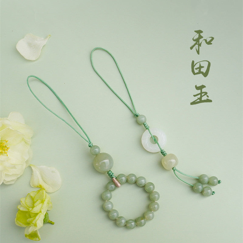 Natural Qing Shui Hetian Jade 6mm Phone Charm, Jade Pendant, Peace Buckle Hanging Ornament, Car Keychain, Chinese Style