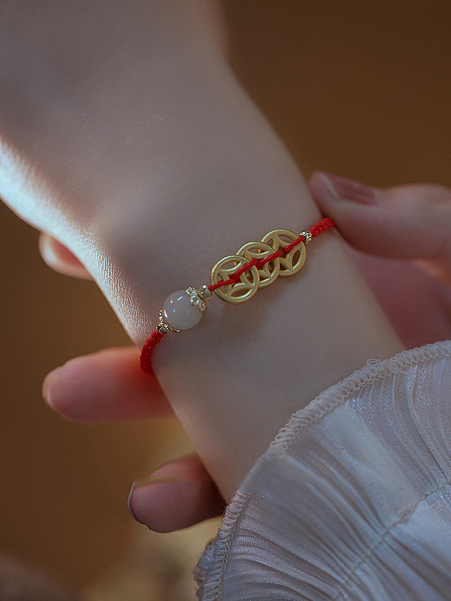 Wealth Rolling In" New Year Red String Bracelet with Hetian Jade Coin