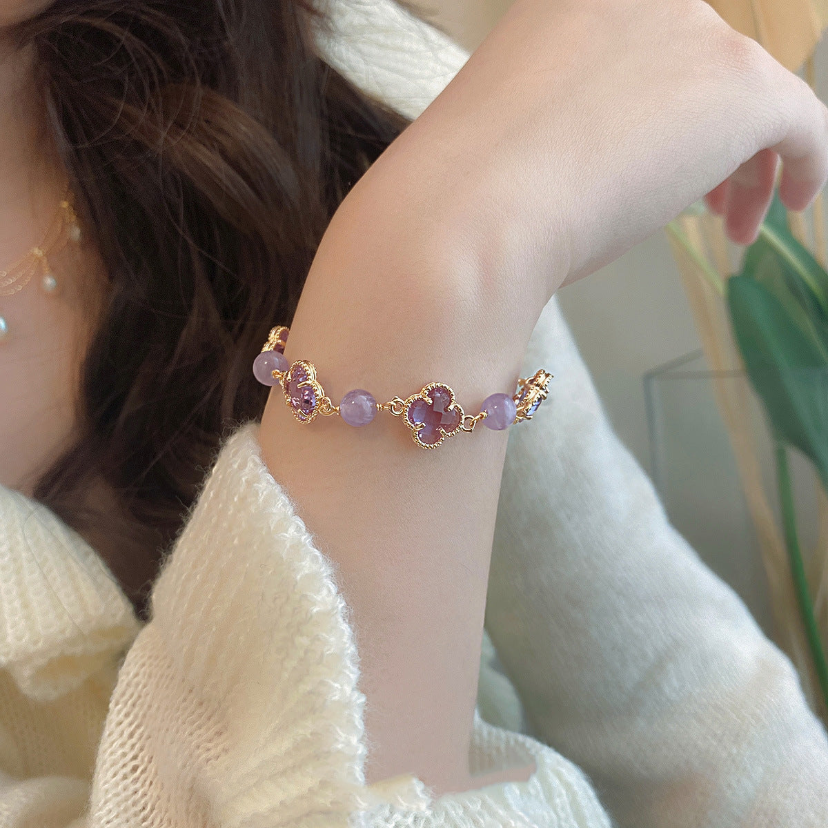 Amethyst Moonstone Four-Leaf Clover Bracelet