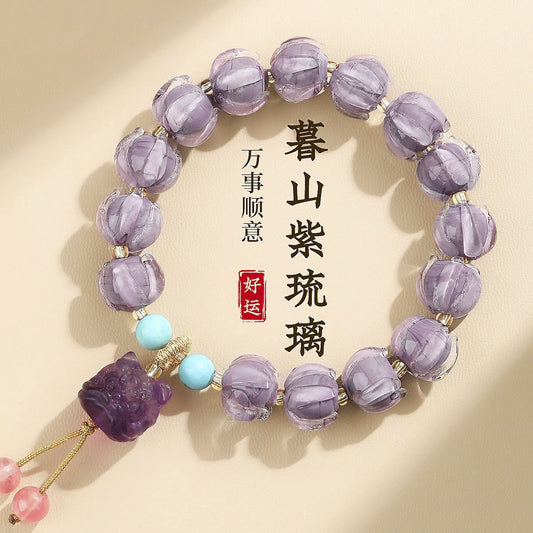 Buddhist Bead Bracelet with Lotus and Guardian Lion in Ice-Clear White Glass · Hangzhou Temple Twilight Mountain Purple Scented Gray Glass Bracelet