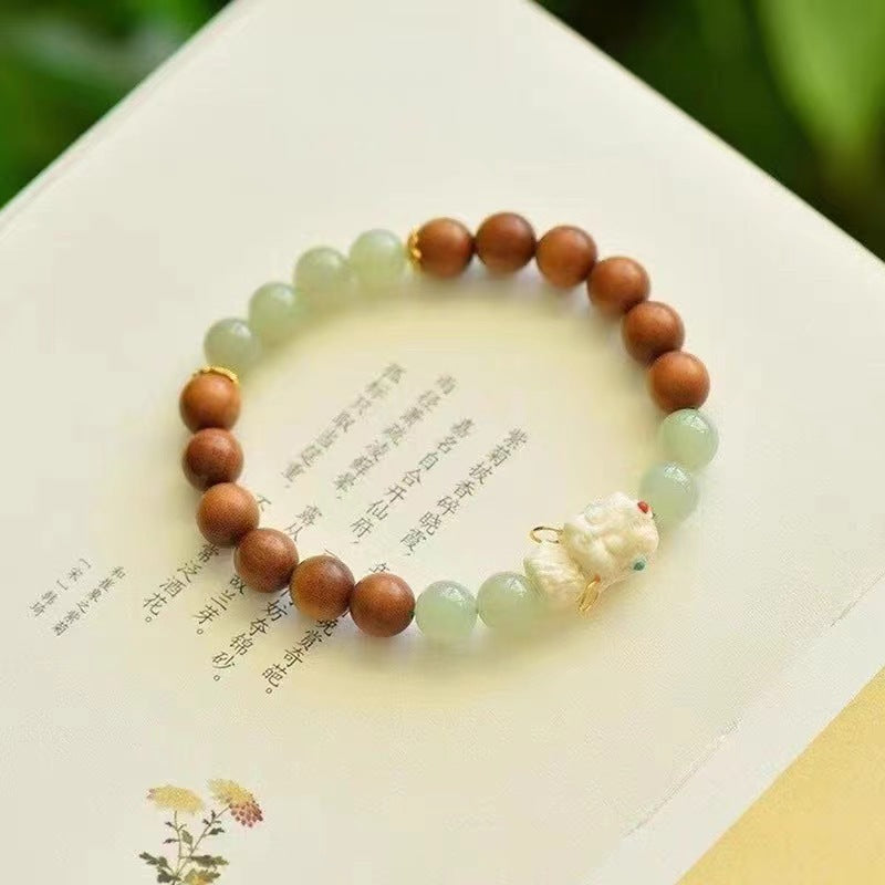 High-End Mammoth Ivory Tara Hetian Jade Bracelet for Women - Natural Aromatic Laoshan Sandalwood Prayer Beads and Cultural Jewelry