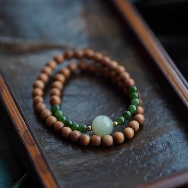 High-End Mammoth Ivory Tara Hetian Jade Bracelet for Women - Natural Aromatic Laoshan Sandalwood Prayer Beads and Cultural Jewelry