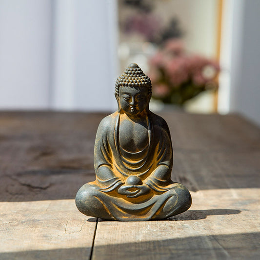 Chinese National Style Great Sun Tathagata Buddha Figurine, Original Cast-Iron Style Vintage Paperweight Ornament, Zen-Inspired Decorative Desk Accessory