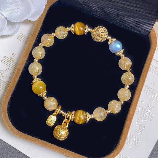 Natural Golden Rutilated Quartz, Moonstone, and Crystal Bead Bracelet