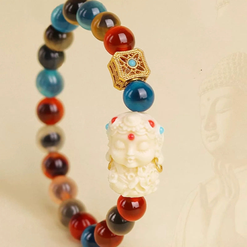 Sugar Heart Glass Bead Bracelet with Green Tara Agate Mantra Charm