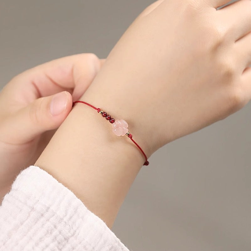 Pink Quartz Four-Leaf Clover Bracelet for Women with Red String