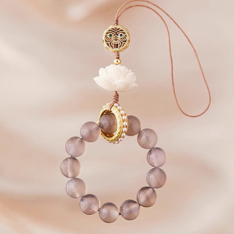 Buddhist Style Car Hanging Ornament with Phone Chain Strap in Gray Agate Yellow Wealth God Hand-Twisting Lotus Perfect