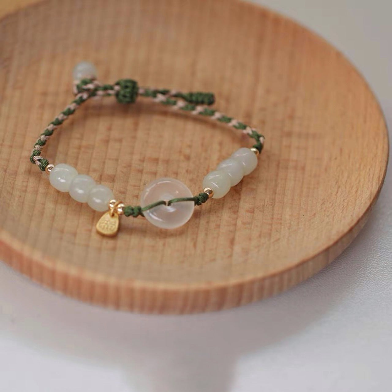 Hetian Jade Lychee Frost Peace Button Braided Adjustable Bracelet