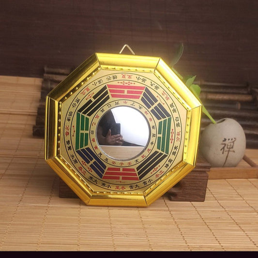 Gold-Edged Painted Bagua Mirror with Convex and Concave Surfaces, Tai Chi Diagram, Nine Palaces, and Flat Design for Home Decoration