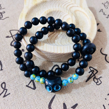 Natural Black Ebony Cat Ring Double-Circle Bracelet