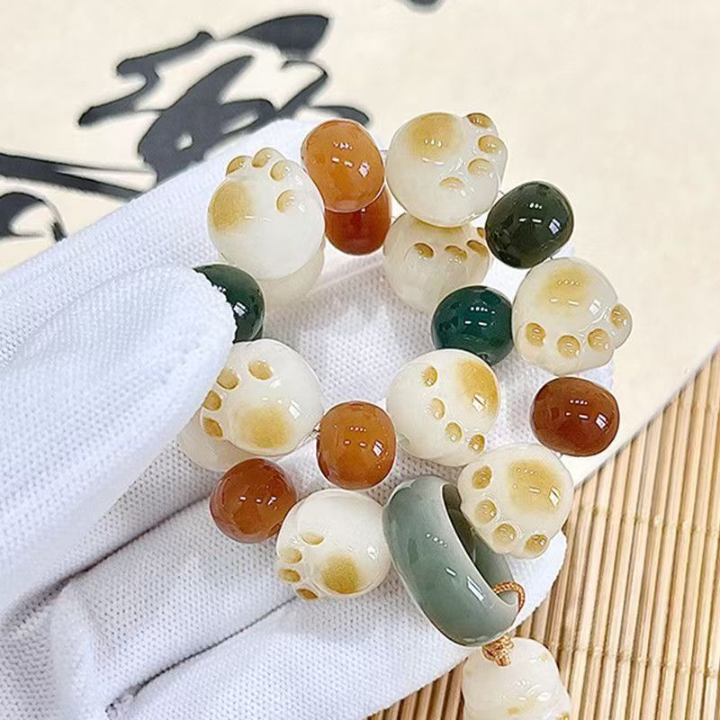 Genuine Mini Cat Paw Bracelet with Bodhi Root  Prayer Bracelet with Natural White Jade Bodhi Beads