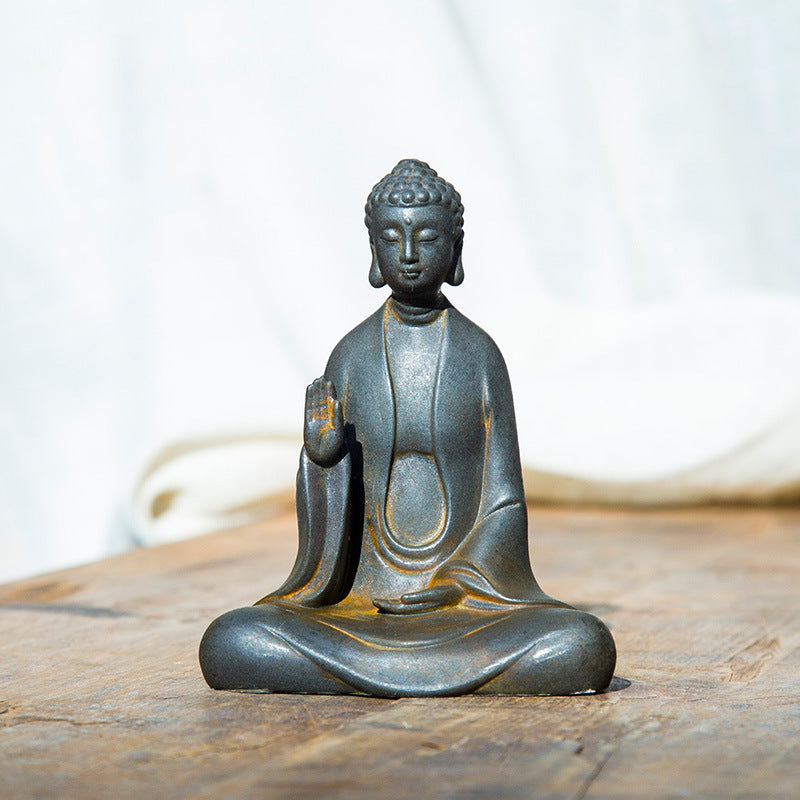 Zen-Inspired New Cast-Iron Imitation Premium in the Chinese Style Handcrafted, imaginative desktop ornament featuring a Shakyamuni Buddha figurine