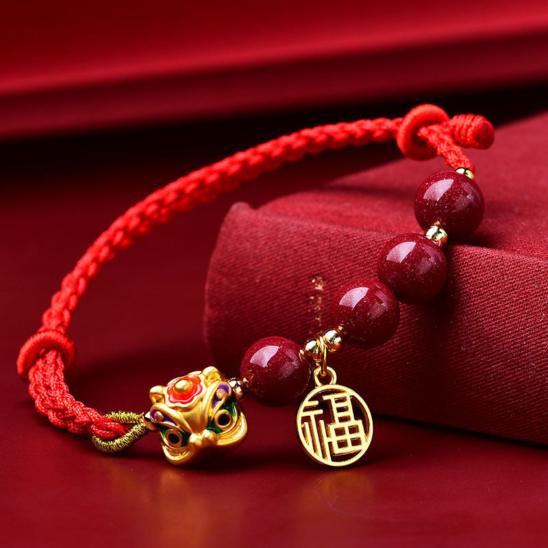 Natural Cinnabar with Sand Gold Awakening Lion Bracelet