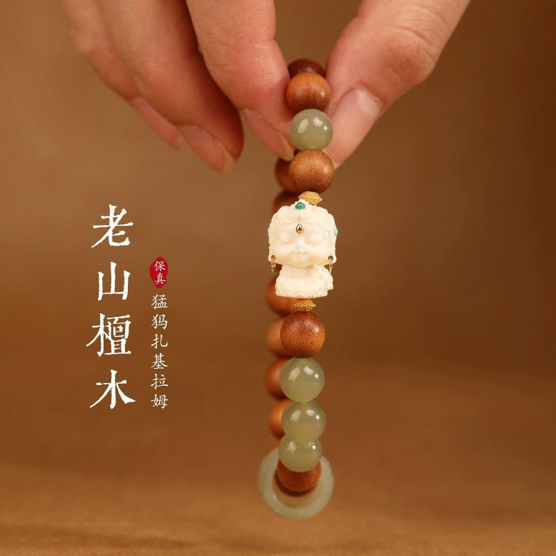 High-End Mammoth Ivory Tara Hetian Jade Bracelet for Women - Natural Aromatic Laoshan Sandalwood Prayer Beads and Cultural Jewelry