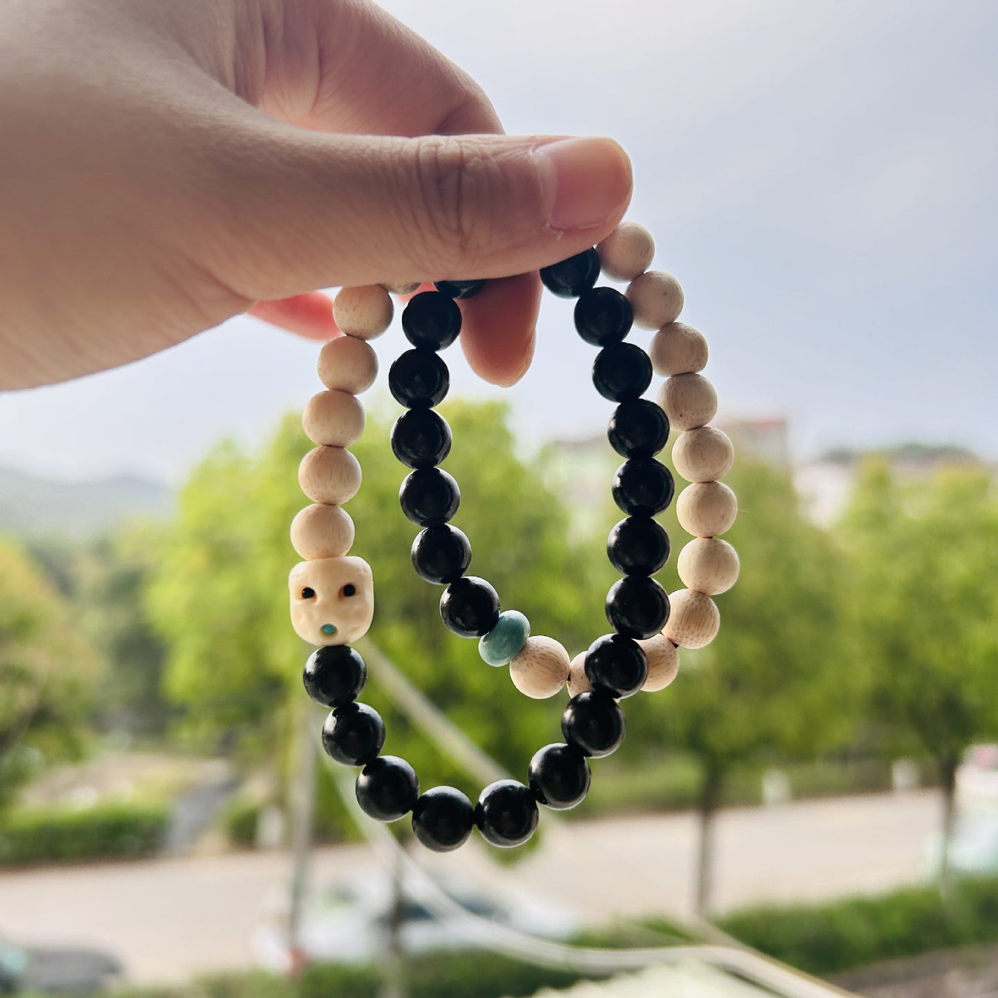 Natural Black Ebony and Golden Bamboo Double-Layer Bracelet