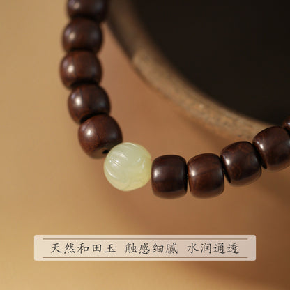 Six Dao Wood Bracelet for Men - Dragon Subduing Wood Buddhist Prayer Beads with Hetian Jade Accessories