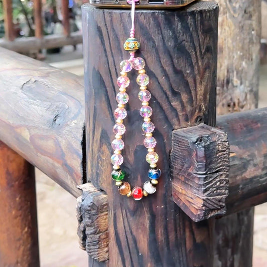 Rainbow Phone Chain Pendant with Incense Ash Glass and Artificial Pink Crystal