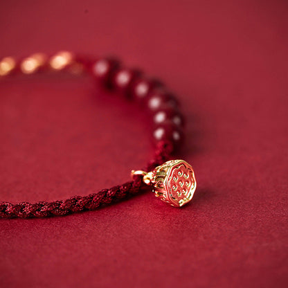 Good Luck Lotus Red Cinnabar Bead Bracelet with Braided Cord