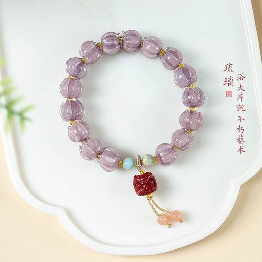 Dusky Mountain Amethyst Cinnabar Lion Awakening Glass Bead Bracelet