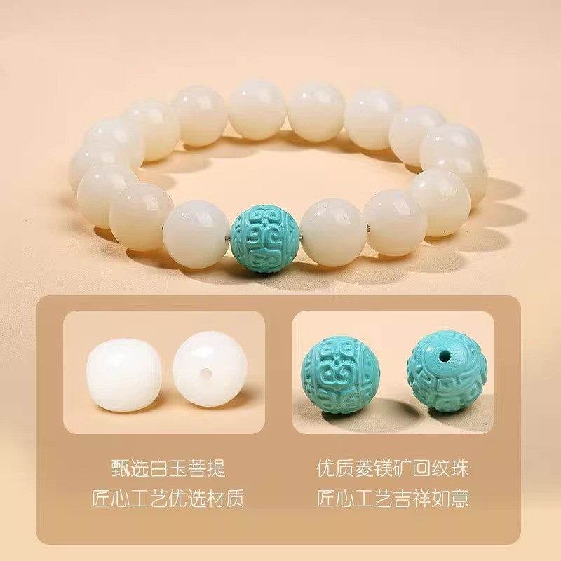 Natural White Jade Bodhi Bracelet for Women - Genuine Buddhist Prayer Beads with Spiral Pattern, Handheld Cultural Jewelry Bracelet