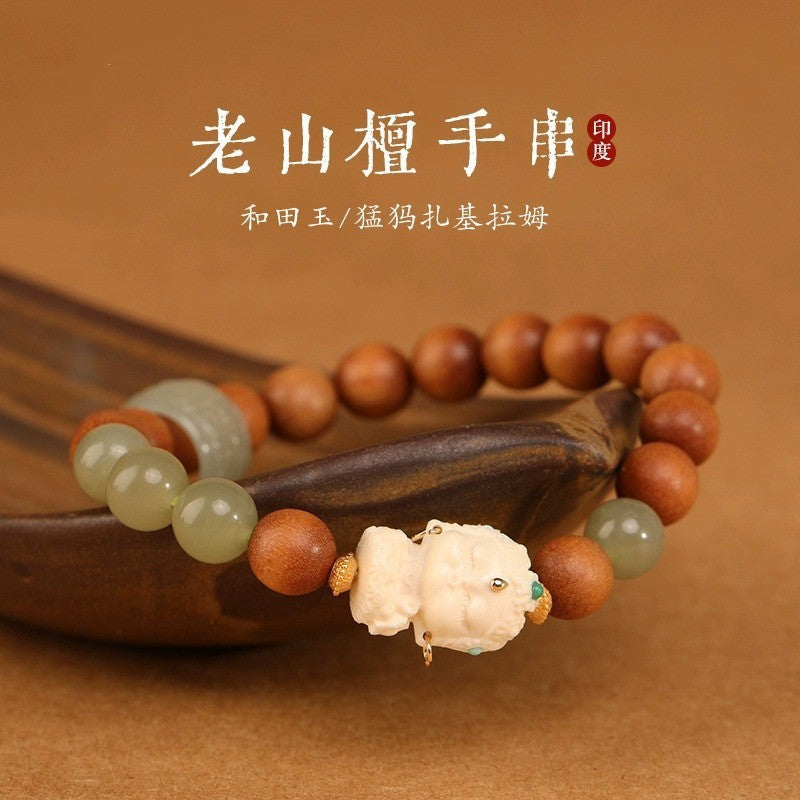 High-End Mammoth Ivory Tara Hetian Jade Bracelet for Women - Natural Aromatic Laoshan Sandalwood Prayer Beads and Cultural Jewelry