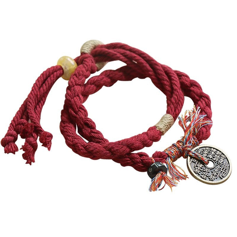 Handcrafted Braided Accessory in Retro Ethnic Style: Shan Gui Flower Coin Bracelet