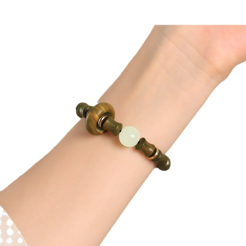 Step-by-Step Success Bracelet - Women's Green Sandalwood Bamboo Section Bracelet with Small Leaf Rosewood, Hetian Jade, and Sandalwood Beads