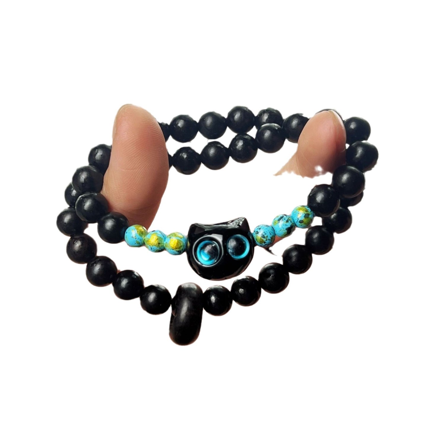 Natural Black Ebony Cat Ring Double-Circle Bracelet