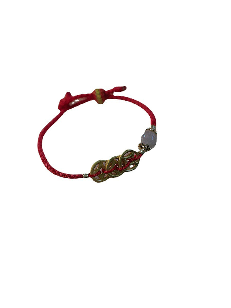 Wealth Rolling In" New Year Red String Bracelet with Hetian Jade Coin