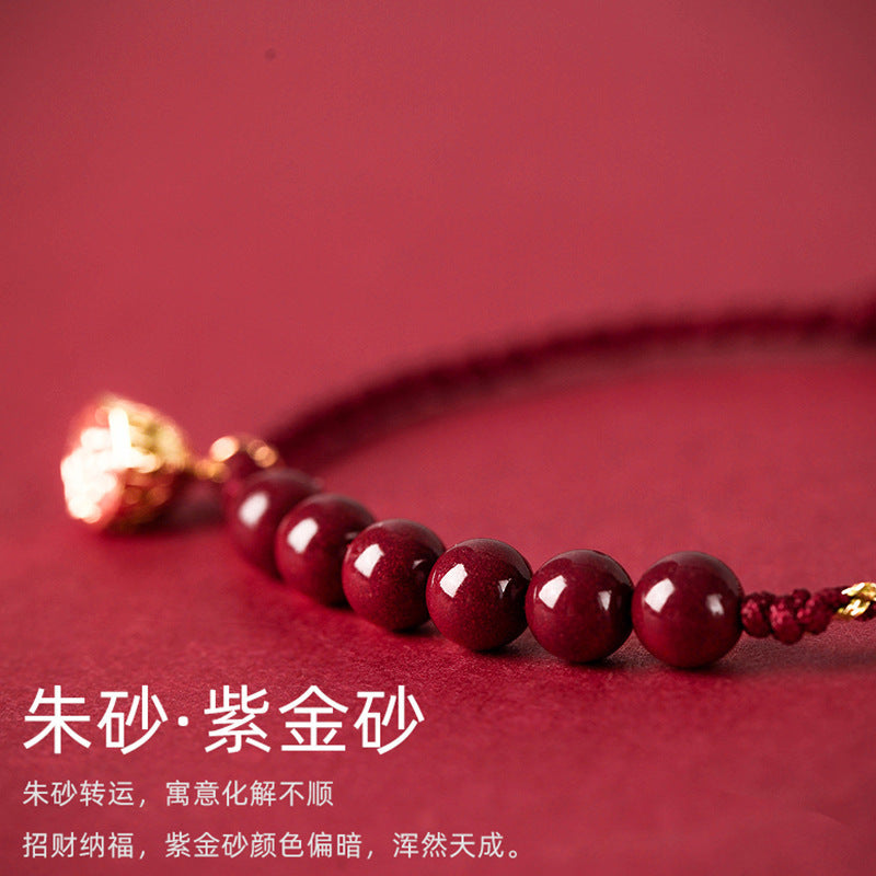 Good Luck Lotus Red Cinnabar Bead Bracelet with Braided Cord