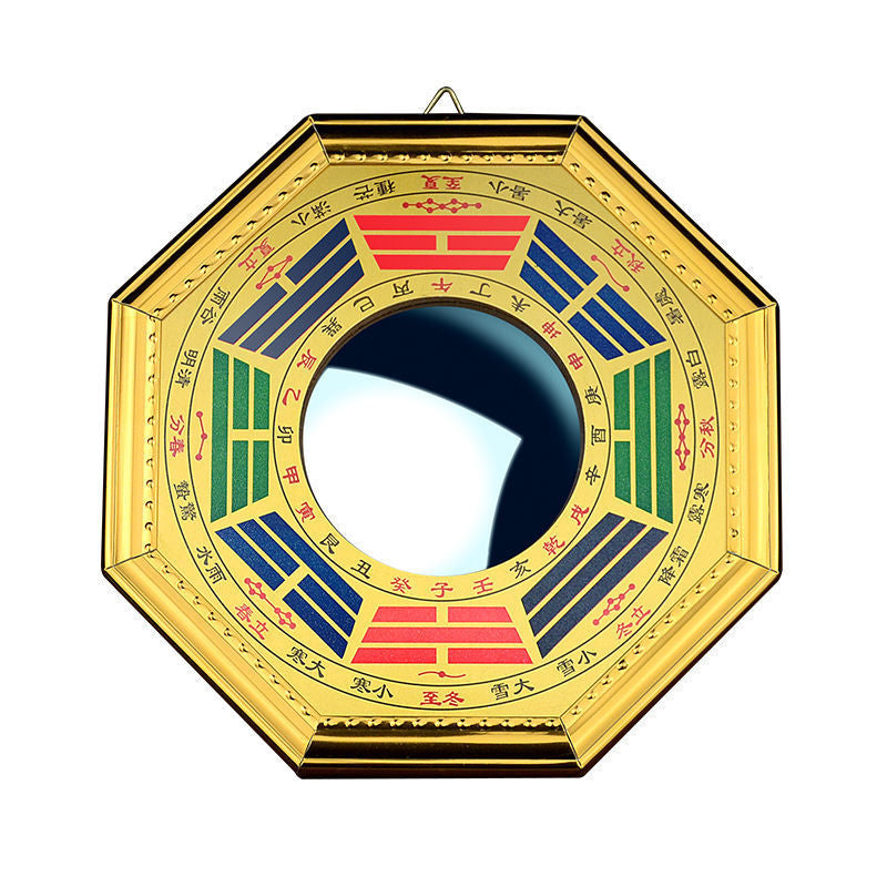 Gold-Edged Painted Bagua Mirror with Convex and Concave Surfaces, Tai Chi Diagram, Nine Palaces, and Flat Design for Home Decoration