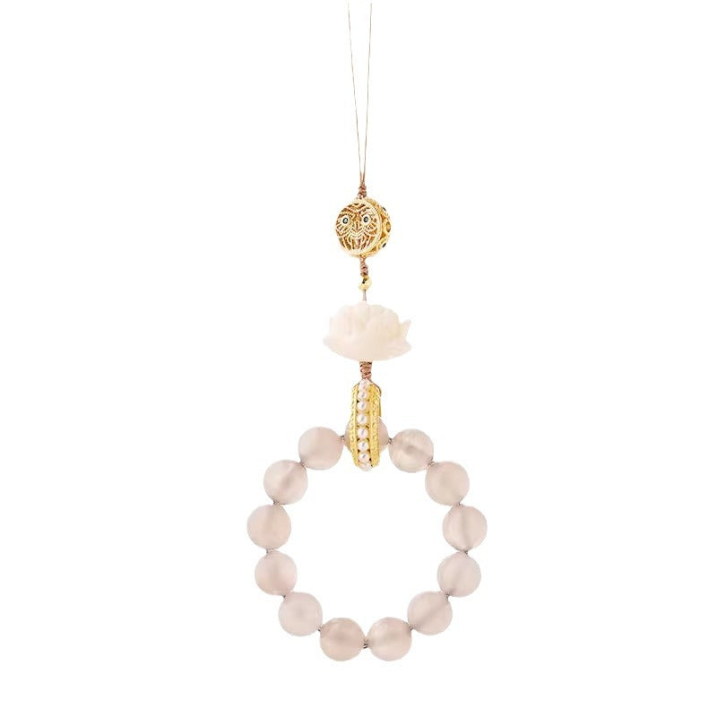 Buddhist Style Car Hanging Ornament with Phone Chain Strap in Gray Agate Yellow Wealth God Hand-Twisting Lotus Perfect