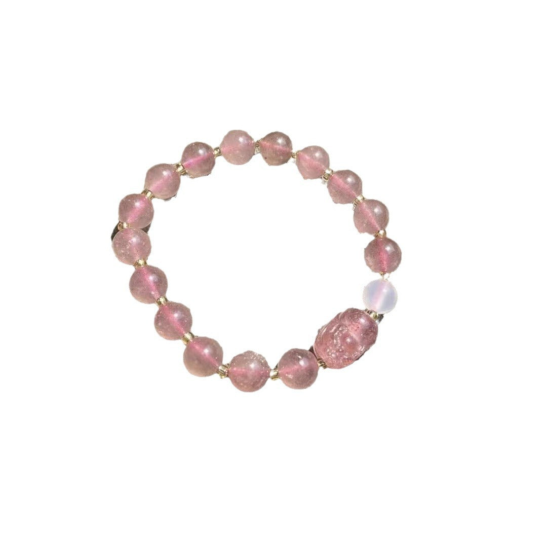 Vintage Lucky Charm Hand Chain with Natural Strawberry Quartz Wealth-Attractive Pixiu Bracelet