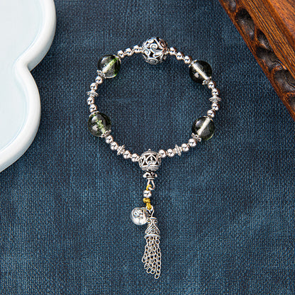 Natural Amethyst Tassel Bracelet for Men and Women, Hangzhou Xiangji-Inspired Green Phantom Bracelet with Tibetan Silver, Fortune Bead Accessory