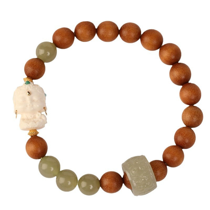 High-End Mammoth Ivory Tara Hetian Jade Bracelet for Women - Natural Aromatic Laoshan Sandalwood Prayer Beads and Cultural Jewelry