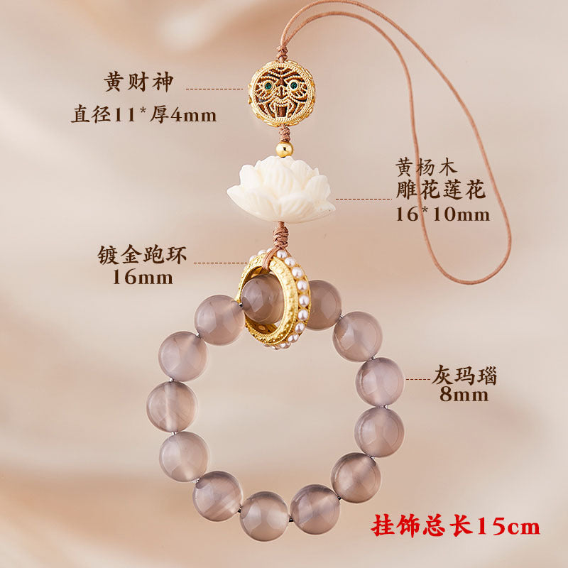 Buddhist Style Car Hanging Ornament with Phone Chain Strap in Gray Agate Yellow Wealth God Hand-Twisting Lotus Perfect