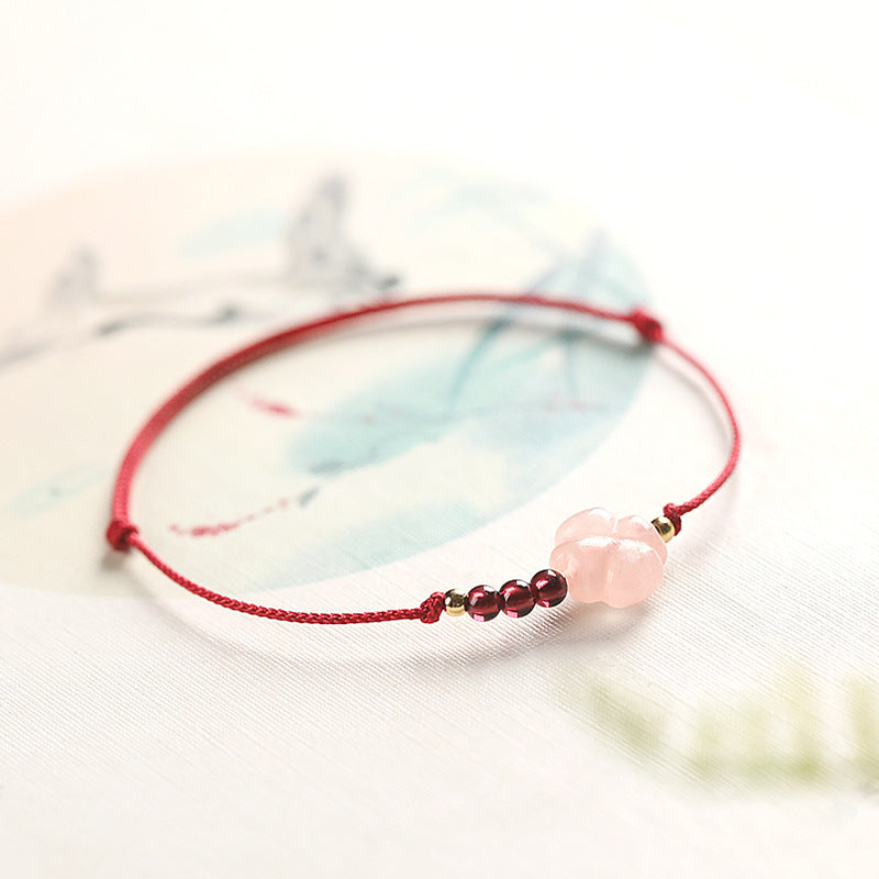 Pink Quartz Four-Leaf Clover Bracelet for Women with Red String