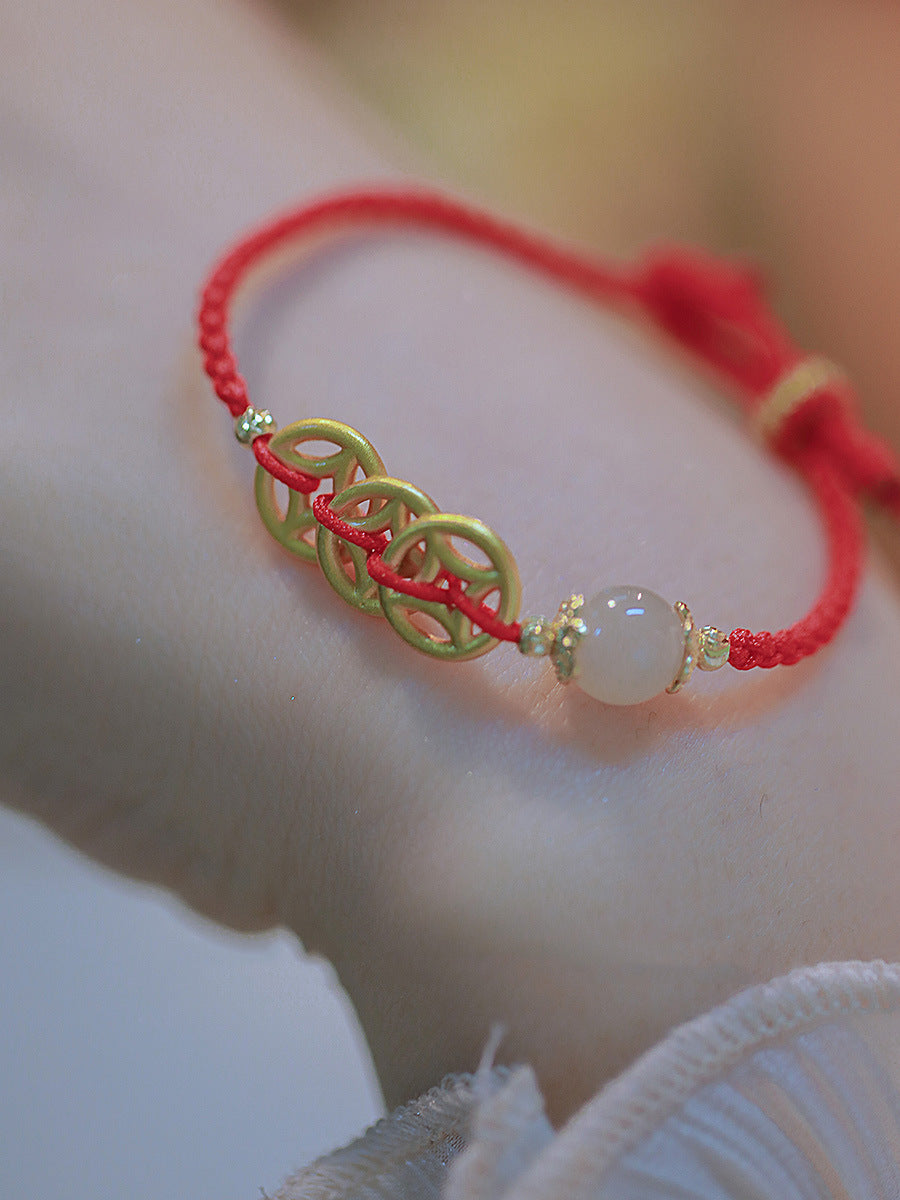 Wealth Rolling In" New Year Red String Bracelet with Hetian Jade Coin